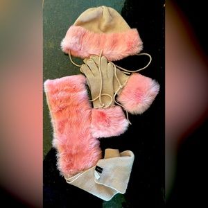 Holy Renfrew cashmere faux fur hat, mitts and scarf set.